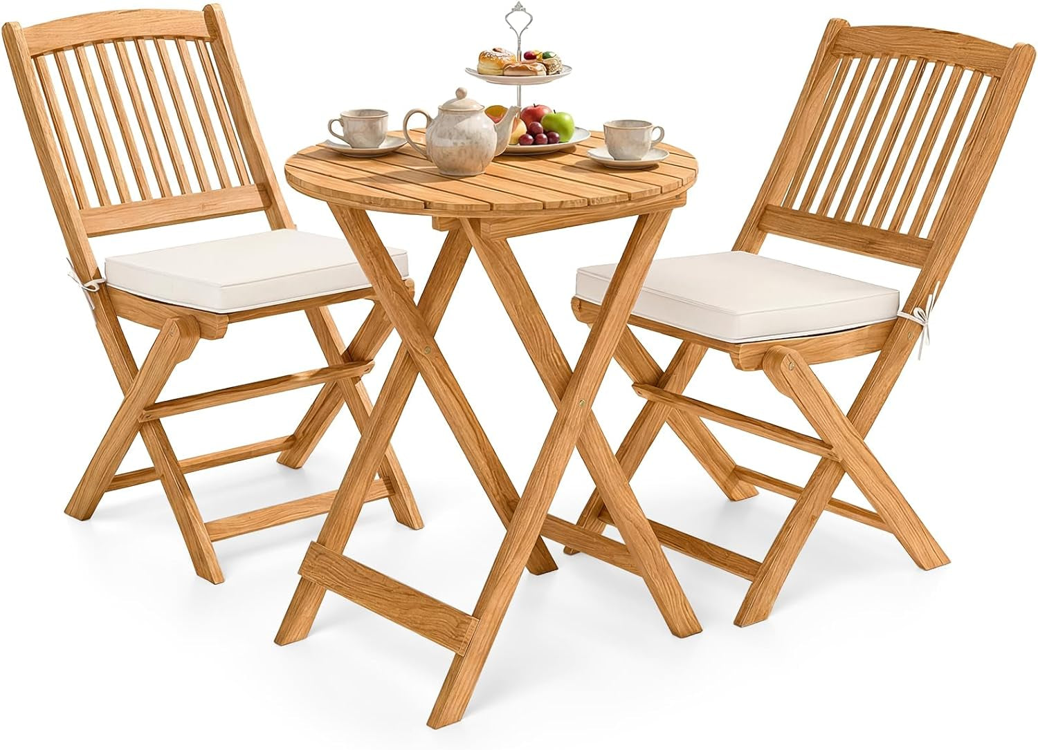 3Pcs Patio Bistro Set, Wood Folding Table Set, 2 Cushioned Chairs for Garden Yard, Outdoor Furniture round Table (Natural & Beige)