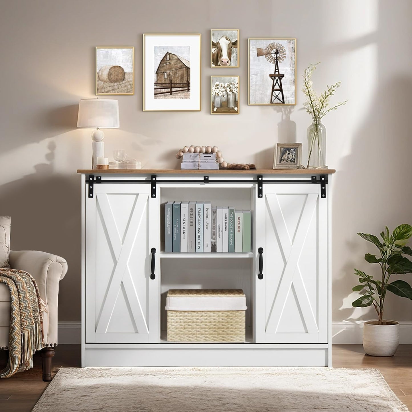 Coffee Bar Cabinet with Sliding Barn Doors, 42”Farmhouse Buffet Cabinet with Storage for Kitchen, Coffee Bar with Adjustable Shelf for Dining Room, White