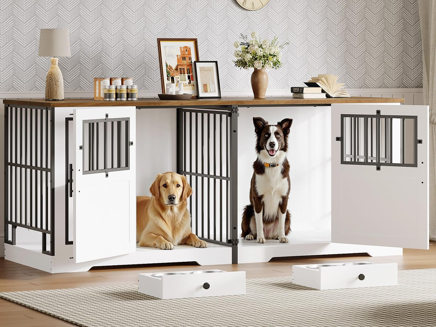 72'' Dog Crate Furniture for 2 Dogs, Extra Large Farmhouse Dog Kennel with Removable Divider, Pull-Out Dog Bowls, Heavy Duty Dog Crate TV Stand, White and Walnut BWH82GW03