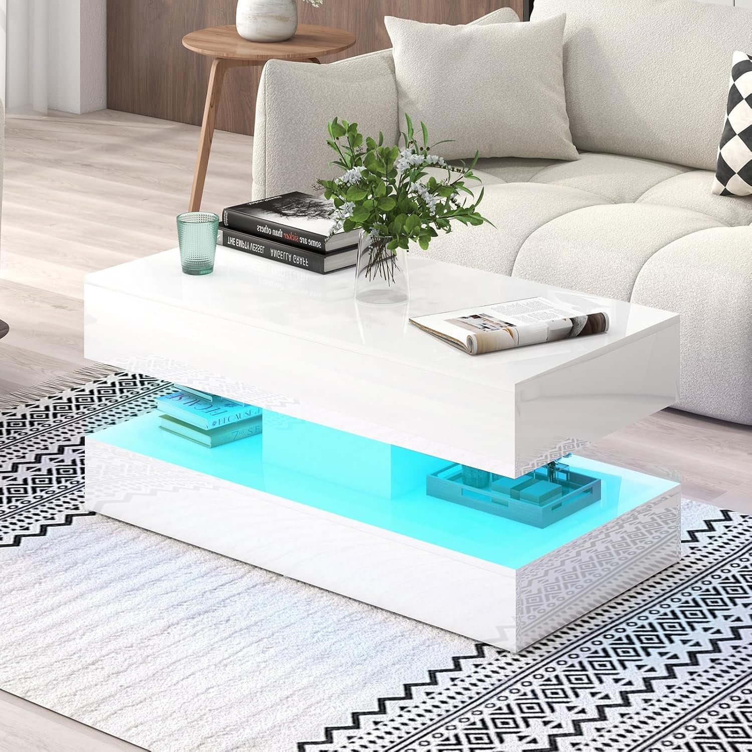 Modern High Gloss LED Coffee Table with Storage, 2-Tier Center Table with Open Display Shelf & 2 Sliding Drawers, Rectangle Coffee Tables for Living Room, Bedroom