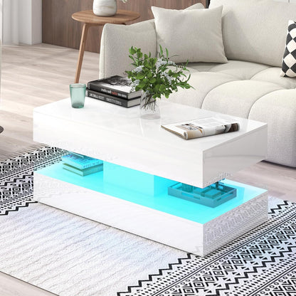Modern High Gloss LED Coffee Table with Storage, 2-Tier Center Table with Open Display Shelf & 2 Sliding Drawers, Rectangle Coffee Tables for Living Room, Bedroom
