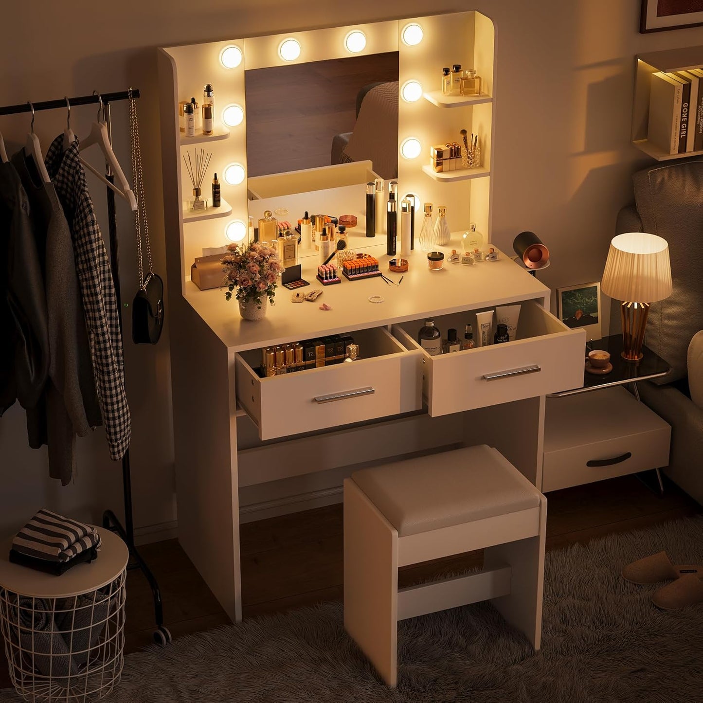 Make up Vanity Desk with Mirror and Power Outlet, Vanity with 3 Color Light Options Adjustable Brightness,Vanity Desk with 2 Drawers, 6 Storage Shelves (White, with Bench)