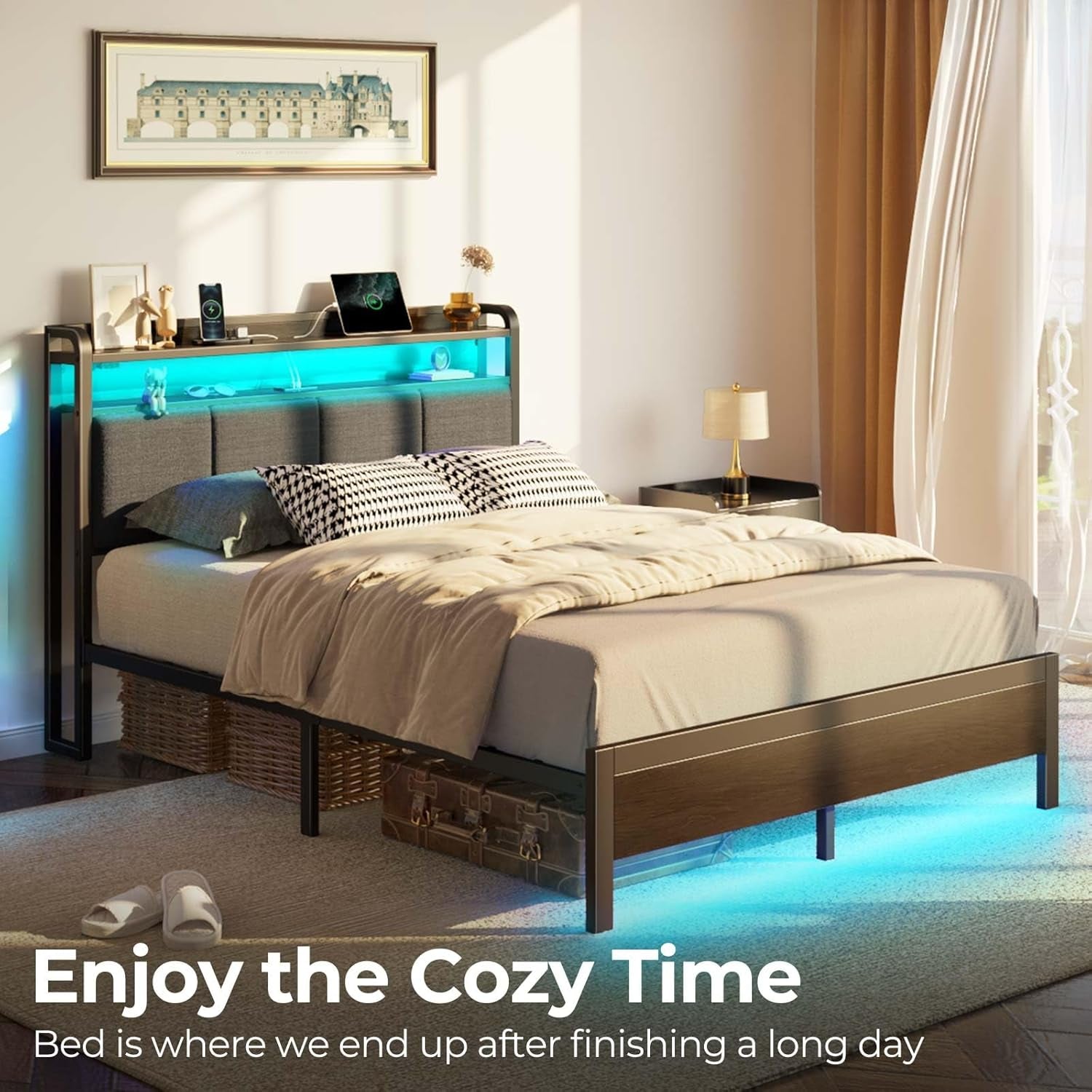 Bed Frame Full Size with Charging Station and LED Lights, Upholstered Headboard with Storage Shelves, Heavy Duty Metal Slats, No Box Spring Need, Noise Free, Easy Assembly, Dark Grey