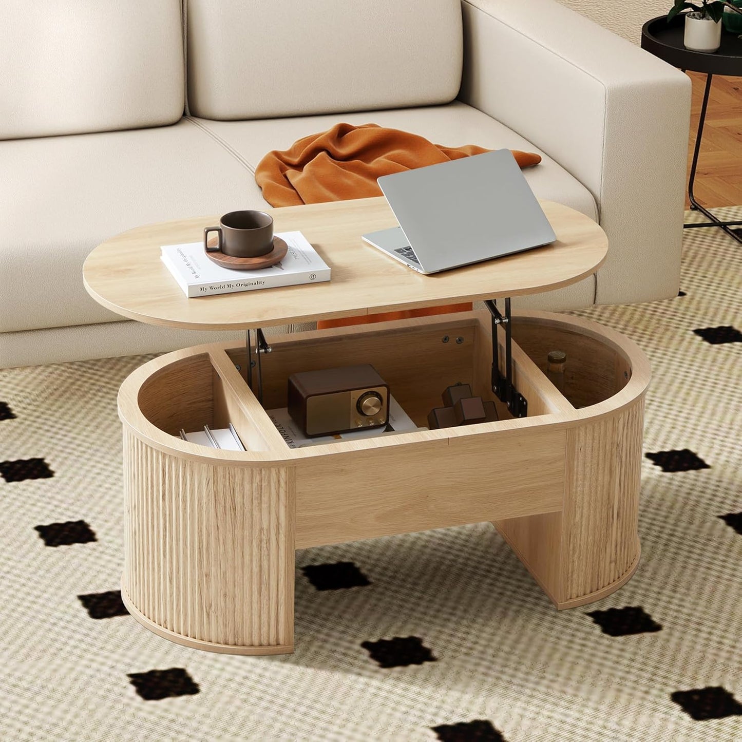 Lift Top Coffee Table, Fluted Coffee Table with Lifting Top, Wooden Lift up Dining Table with Hidden Compartment, Center Table for Living Room, Office - Oak
