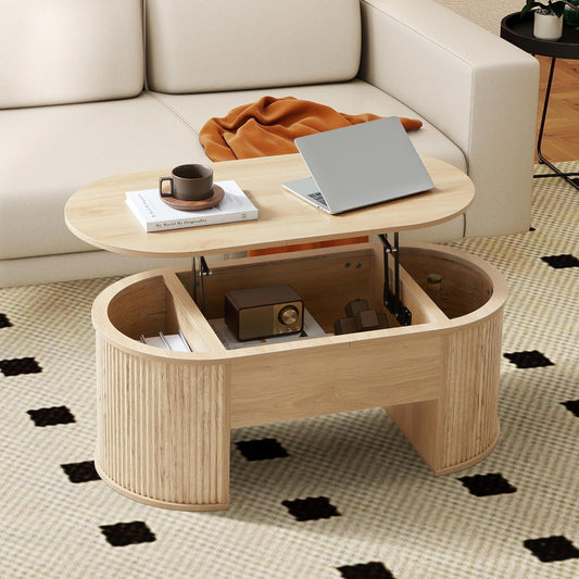 Lift Top Coffee Table, Fluted Coffee Table with Lifting Top, Wooden Lift up Dining Table with Hidden Compartment, Center Table for Living Room, Office - Oak