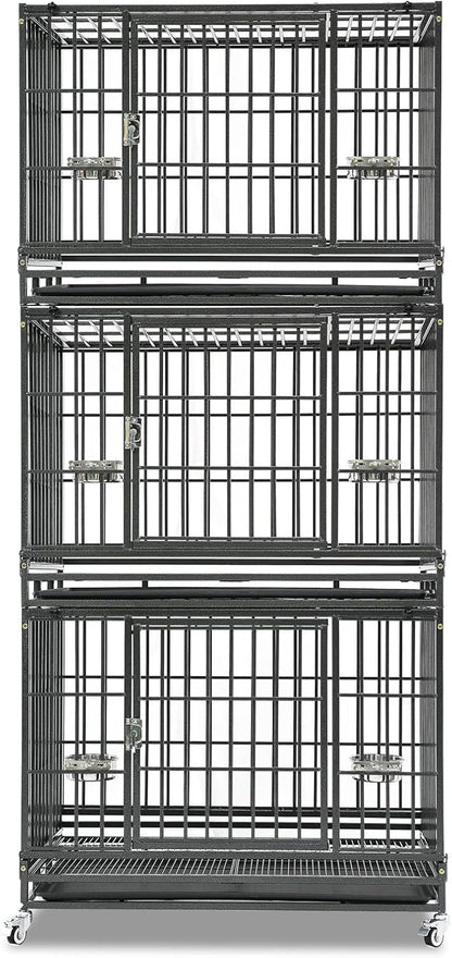Three Tiers 37 Inch Dog Crate, Escape Proof Dog Cage Kennel Indoor with Top Access and Lockable Wheels, Removable Tray, Heavy Duty Dog Crates for Medium/Small Dogs