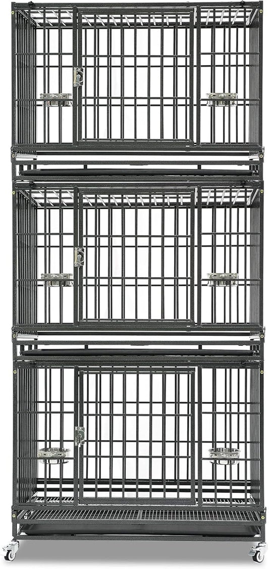Three Tiers 37 Inch Dog Crate, Escape Proof Dog Cage Kennel Indoor with Top Access and Lockable Wheels, Removable Tray, Heavy Duty Dog Crates for Medium/Small Dogs