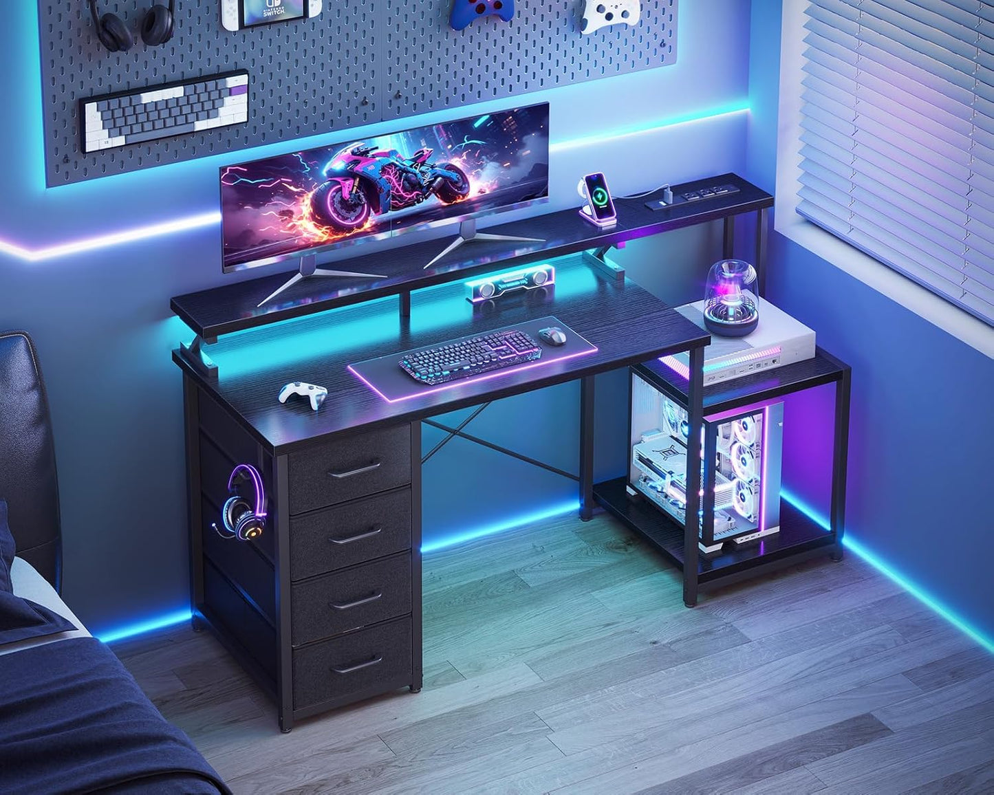 55 Inch Computer Gaming Desk with Power Outlets & 4 Drawers, Home Office Desk with Monitor Stand & Printer Shelves, Black