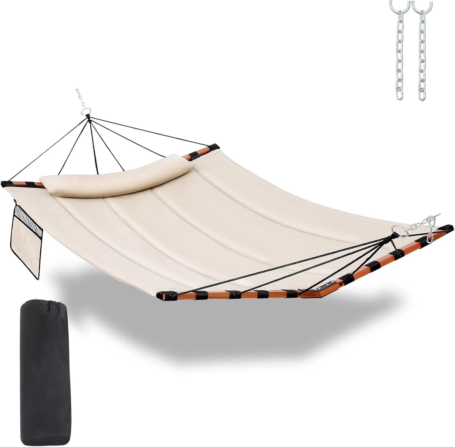 12FT 2 Person Hammock with V Shaped Hardwood Spreader Bar & Nylon Rope for Outside, Patio, Garden, Backyard, Beach, Poolside, 450LB Capacity, 55In X 79In - Beige