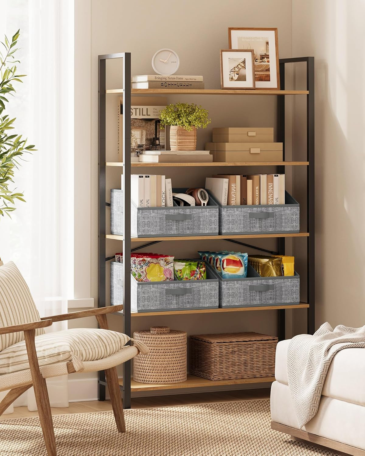 Set of 6 Storage Baskets, Foldable Storage Bins with Removable Dividers, Fabric Boxes, 15.7 X 11.8 X 7.9 Inches, Closet Organizers, 3 Handles, for Living Room, Cattail Gray URFB0140G01