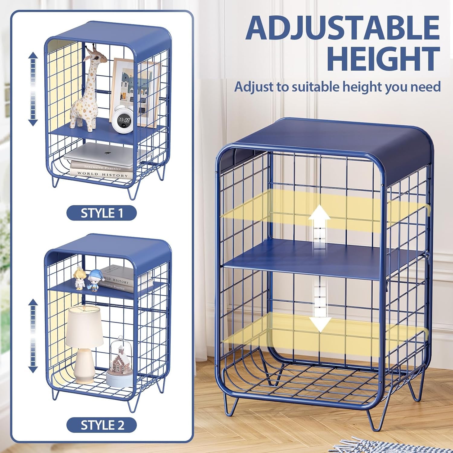 Cute Nightstand,Metal Side Table,3-Tier Modern End Table with Storage Shelf, Unique Side Tables, Cute Coffee Table for Living Room, Small Table for Bedroom,Navy Blue