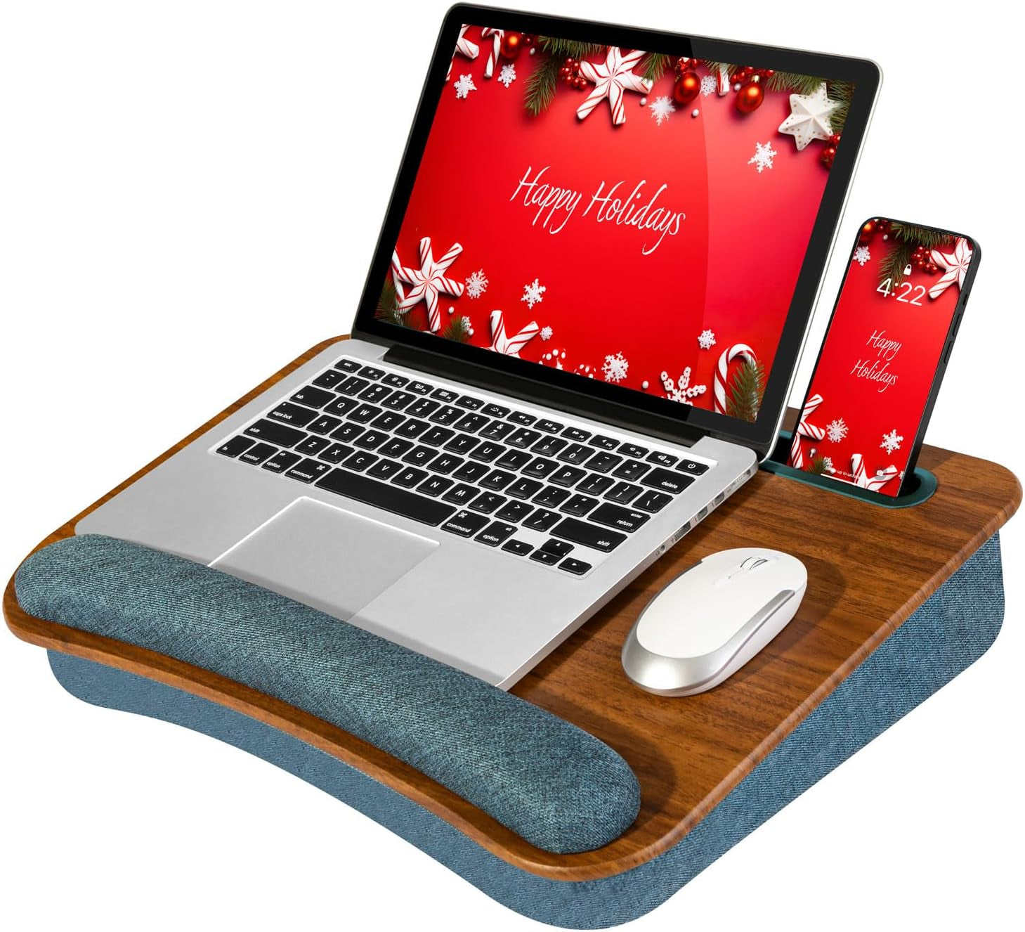 Portable Laptop Lap Desk with Pillow Cushion, Anti-Slip Strip, Tablet or Phone Storage Slot, Pen and Pencil Pocket, and Wrist Rest - Espresso Woodgrain - Fits 17.3" Laptops - Style No. 91342