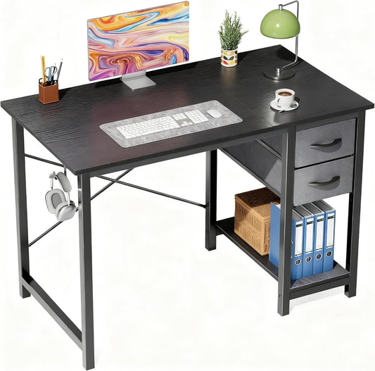 Small Computer Desk with 2 Drawers 40 Inch Home Office Desk Modern Simple Study Writing Table with Storage Shelf for Bedroom, Black