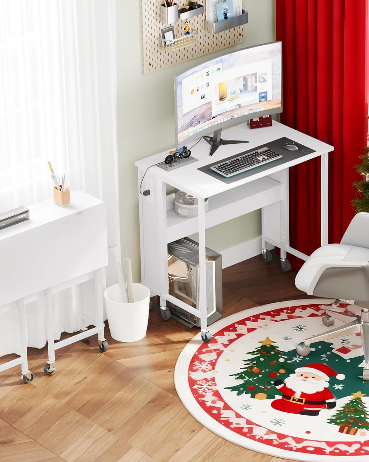 31.5" Modern White Folding Computer Desk with Power Outlets, Wheels, Storage, Perfect for Small Spaces White TDN01UWB