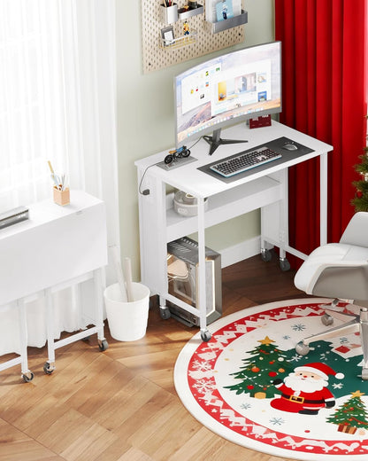 31.5" Modern White Folding Computer Desk with Power Outlets, Wheels, Storage, Perfect for Small Spaces White TDN01UWB
