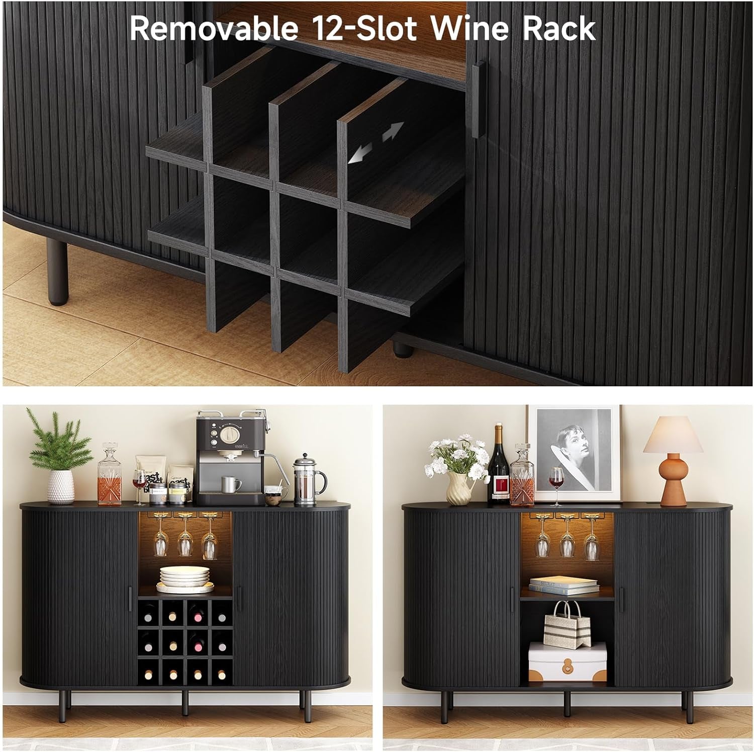 55" Wine Bar Cabinet with LED Light,Modern Liquor Whiskey Coffee Station with Wine Rack and Glass Holder, Farmhouse Buffet Sideboard with Storage for Living Room, Kitchen, Entryway (Black)