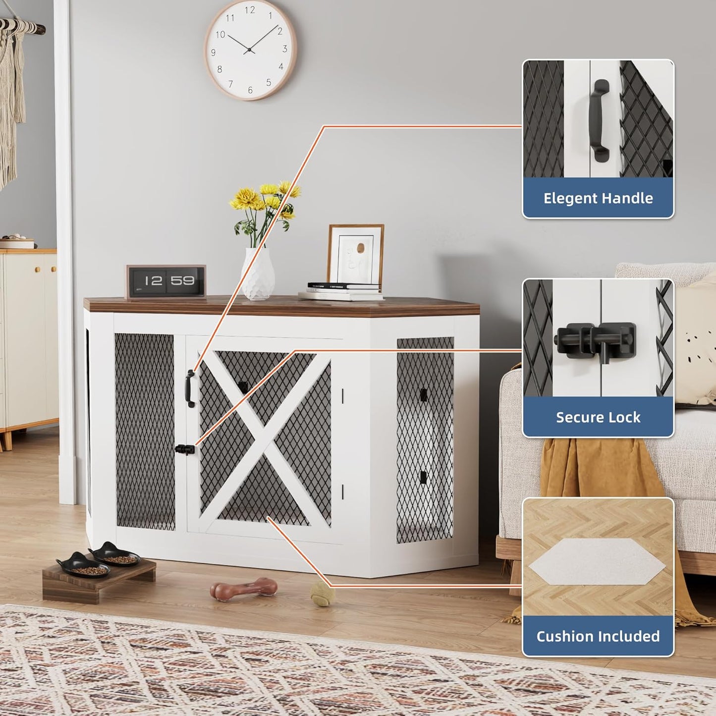 Corner Dog Crate Furniture, Wooden Dog Kennel End Table with Mesh, Cage/House for Small Medium Large Dog, Decorative Pet Crate Indoor Use