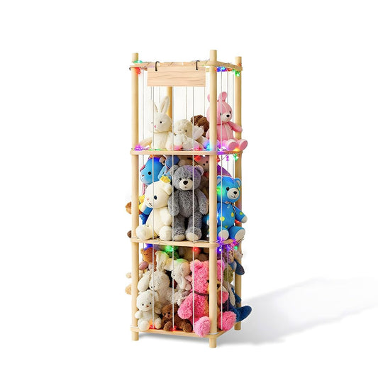 Stuffed Animal Storage Zoo Organizer Wooden Toy Holder with Elastic Bands & Mesh Net Space Saving Vertical Design for Playroom Nursery Kids Bedroom