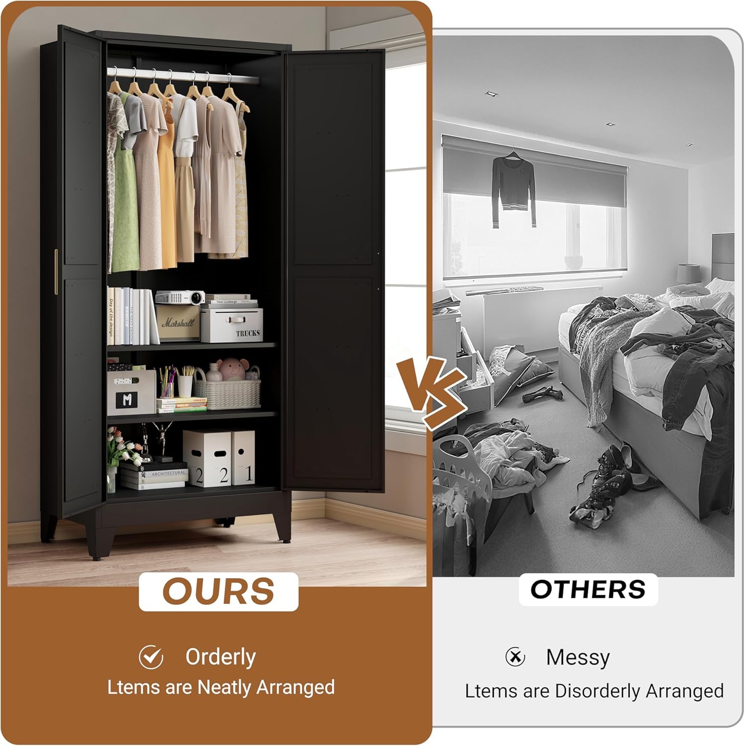 Metal Armoire Wardrobe Closet with Doors and Shelves, 71" Tall Metal Wardrobe Closet with Hanger Rod and Clothing Shelf, Black Farmhouse Bedroom Armoire Steel Storage Cabinet for Bedroom