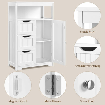 Bathroom Floor Cabinet Wooden Storage Organizer with 1 Door and 3 Drawers, Free-Standing Cupboard for Kitchen/Living Room/Bathroom Use, White