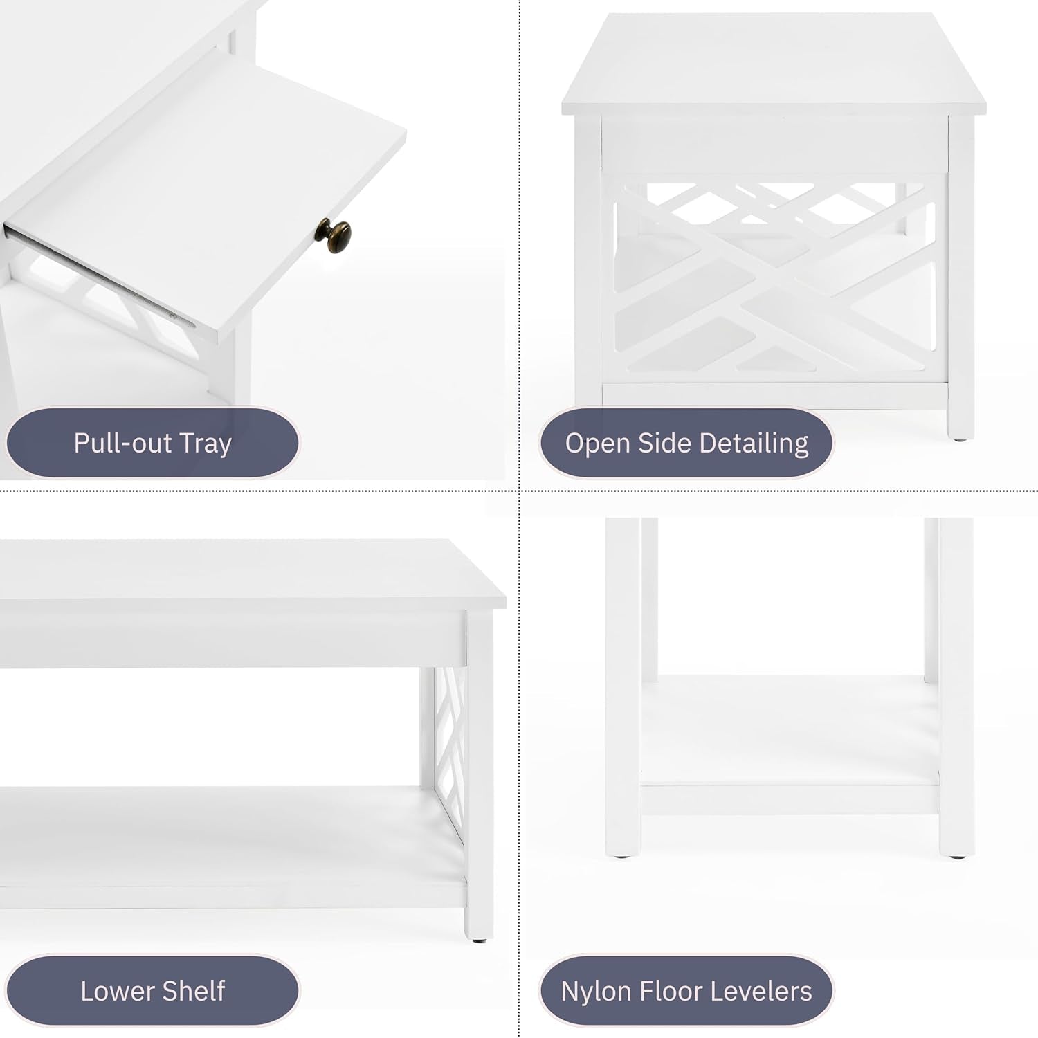 Coventry 2-Piece Living Room Table Set – Cottage Style Coffee Table and End Table with Lower Shelves and Pull-Out Tray – for Apartment, Loft, or Teen Room by  (White)