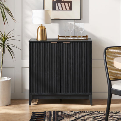 Brooklyn Storage Cabinet, Modern Farmhouse Entryway Accent Case, Buffet Sideboard, Console Table, Credenza, Wood Modular Organizer with Doors & Shelf, Fluted Panel Cupboard (Black, Single)