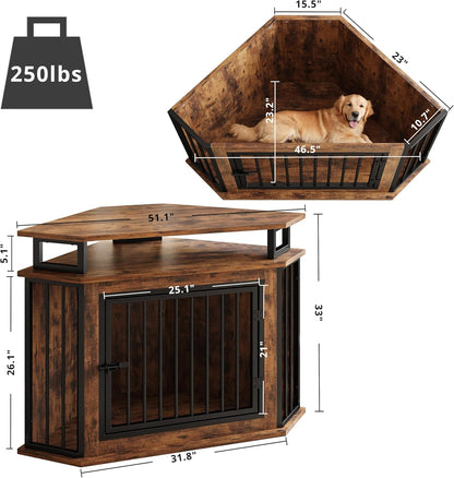 51" Corner Wooden Dog Crate Furniture with 2-Tier Shelves, Pet Kennel for Large Dogs, Space-Saving Dog Cage for TV Stand, Rustic Brown (26.7" L X 51.2" W X 33.5" H)