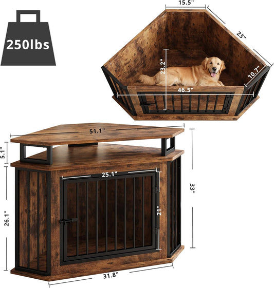 51" Corner Wooden Dog Crate Furniture with 2-Tier Shelves, Pet Kennel for Large Dogs, Space-Saving Dog Cage for TV Stand, Rustic Brown (26.7" L X 51.2" W X 33.5" H)