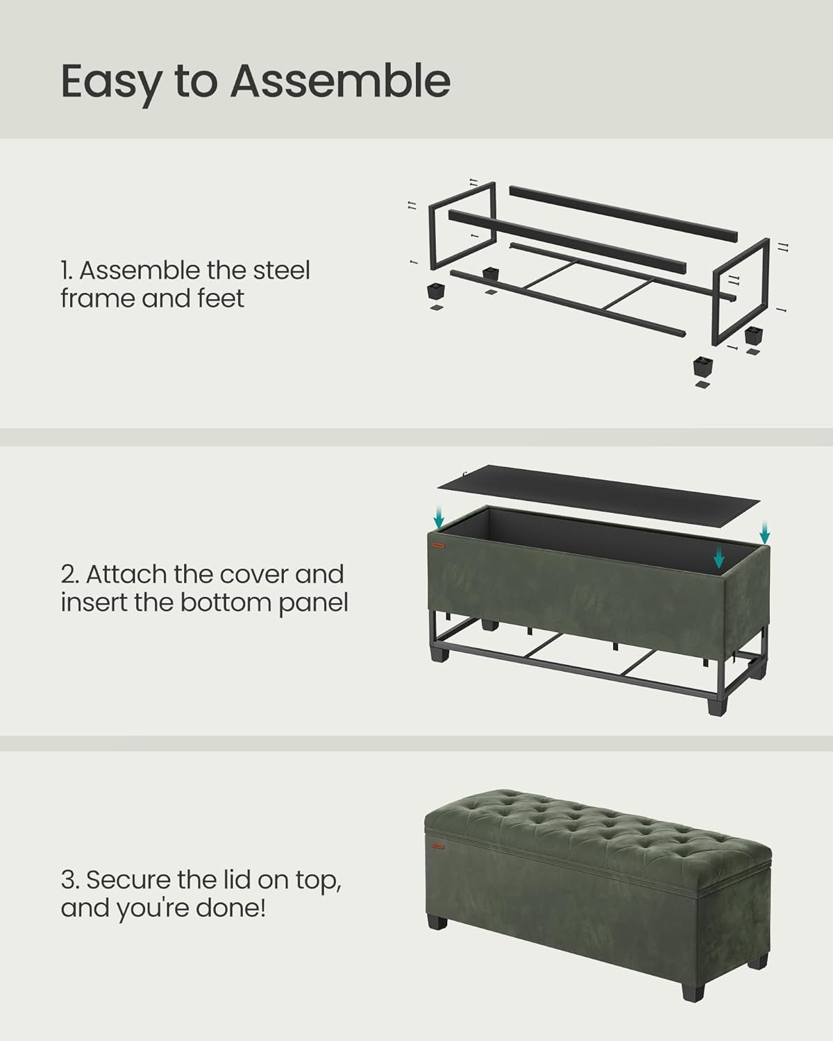 Velvet Storage Ottoman Bench, Foot Rest with Legs, 15.7 X 43 X 15.7 Inches, End of Bed Bench, Storage Chest, Load up to 660 Lb, for Living Room, Bedroom, Entryway, Forest Green ULSF089C01