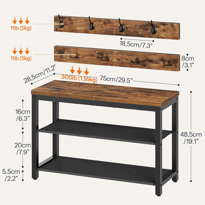 Hall Tree with Bench, Shoe Rack with Coat Rack, Entryway Bench with Coat Rack, Coat Rack with Shoe Storage, with 2 Oxford Fabric Shelves, Mud Room, Industrial, Rustic Brown and Black BF77MT01