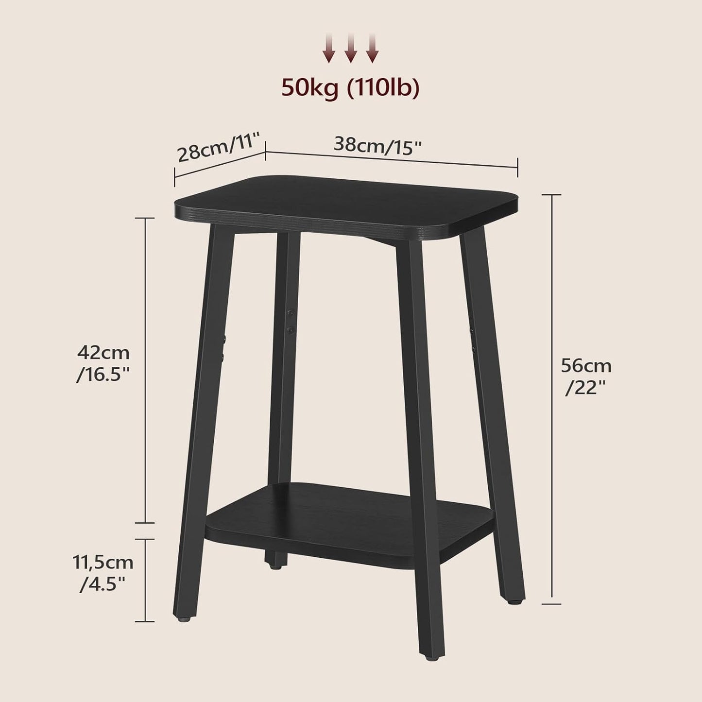 Side Table, Small Rectangular End Table with Storage Shelf, 2-Tier Bedside Table Sofa Couch Table, Nightstand for Small Spaces, Living Room, Bedroom, Black ETBK4701