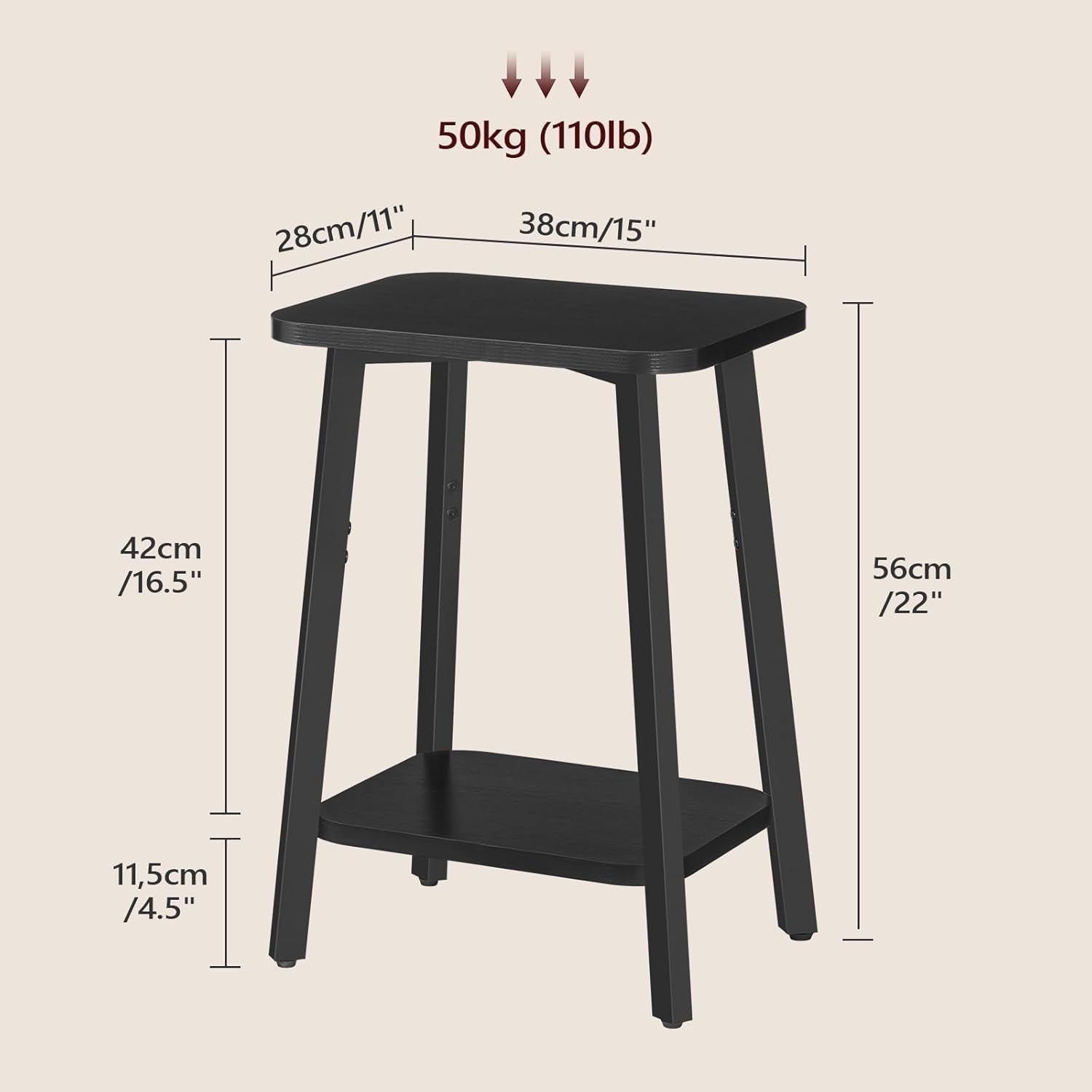 Side Table, Small Rectangular End Table with Storage Shelf, 2-Tier Bedside Table Sofa Couch Table, Nightstand for Small Spaces, Living Room, Bedroom, Black ETBK4701