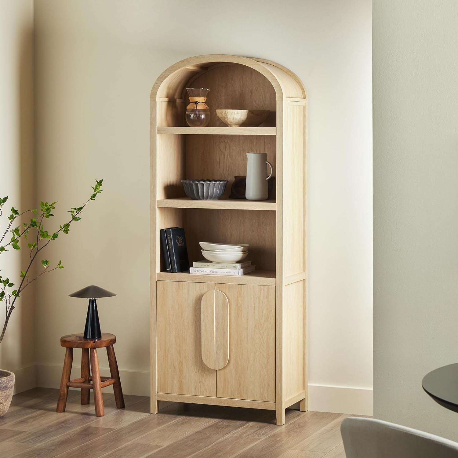 Chantelle Modern Arched Bookcase with Statement Wood Cabinet Pulls - Coastal Oak