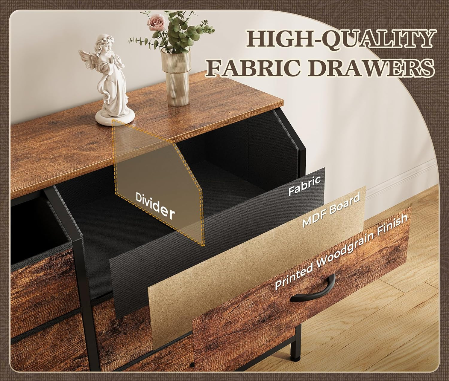 63 Inch Long Dresser for Bedroom, Large Open Storage Drawers, Dresser for Closet with 9 Fabric Drawers, TV Stand for 55, 65, 70 Inch TV, 63" W X 13.7" D X 26.7" H, Rustic Brown