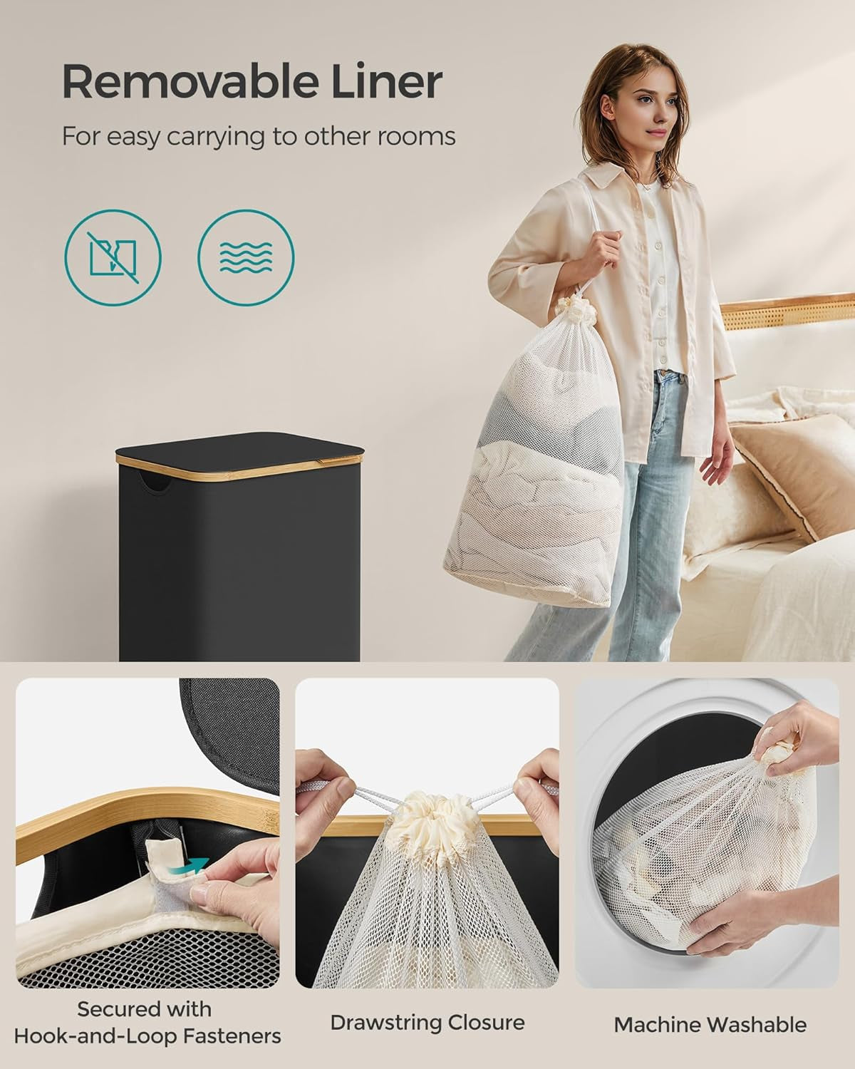 Laundry Hamper with Lid, Large Laundry Basket, 23.8 Gallons (90L), Removable Mesh Liner, Bamboo Handles, Collapsible, 16.5 X 12.6 X 27.8 Inches, Ink Black ULCB509B01