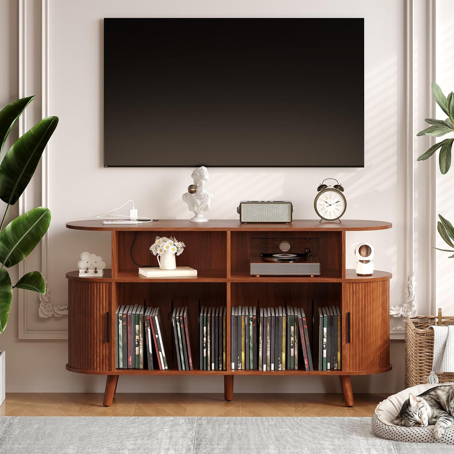 55" Large Record Player Stand with Vinyl Storage – round Mid-Century Record Player Table Rustic Turntable Stand with Open Display Shelves, Charging Station, Media Cabinet for Office & Home