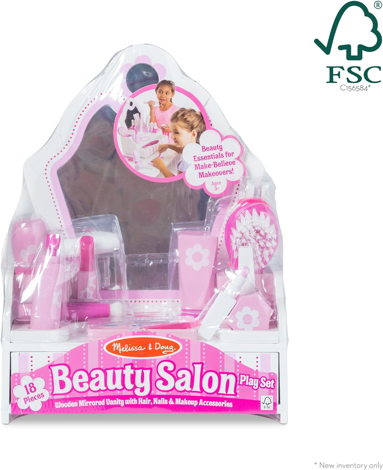 Wooden Beauty Salon Play Set, 18-Piece Vanity with Pretend Play Toys, Makeup, Mirror, Accessories & More, Preschool Toys for Girls & Boys Ages 3+ - FSC Certified