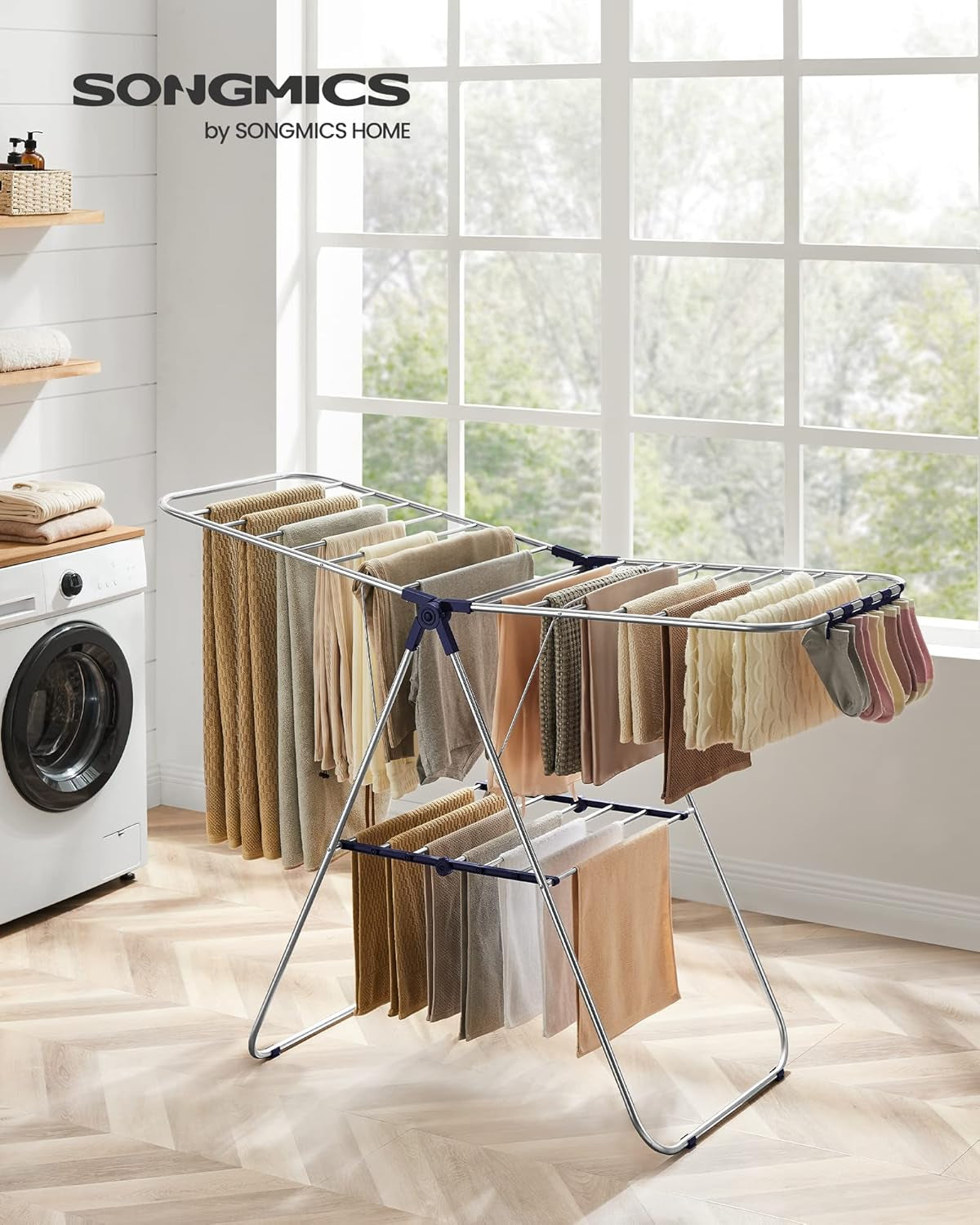 Clothes Drying Rack, with Sock Clips, Metal Laundry Rack, Foldable, Space-Saving, Free-Standing Airer, with 2 Height-Adjustable Gullwings, Indoor Outdoor Use, Silver and Blue ULLR52BU