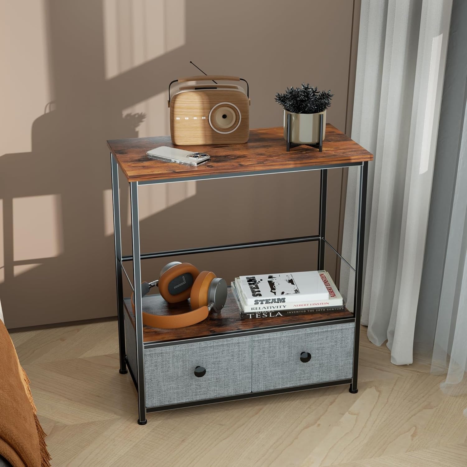 Record Player Stand with Vinyl Storage, 2-Tier Record Shelf Table with Fabric Drawer, Holds up to 110 Vinyl Records, Record Player Table for Turntable and Albums, 23.62"D × 11.81" W× 25.59"H