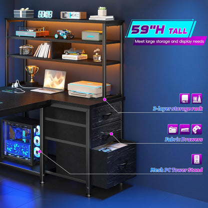 55''Gaming Desk L Shaped Desk with 3 Fabric Drawers & Shelf, Reversible Computer Desk with Remote LED Lights, Power Outlet of Home Office Desk for Bedroom,Dorm,Black