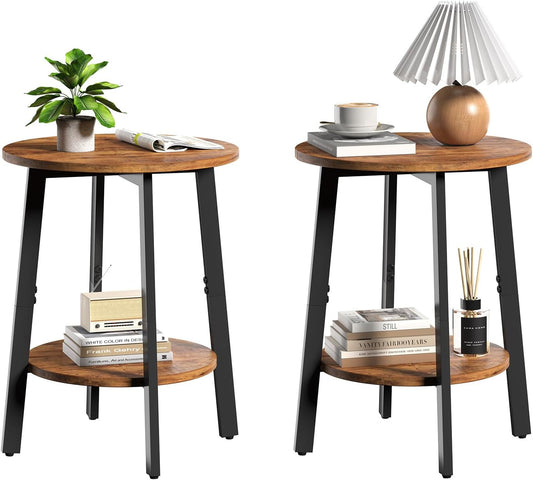 Side Table Set of 2, Small round End Table with Storage Shelf for Small Space, 2-Tier Bedside Table Sofa Couch Table, Nighstands Set of 2 Accent Table for Living Room, Bedroom, Rustic Brown