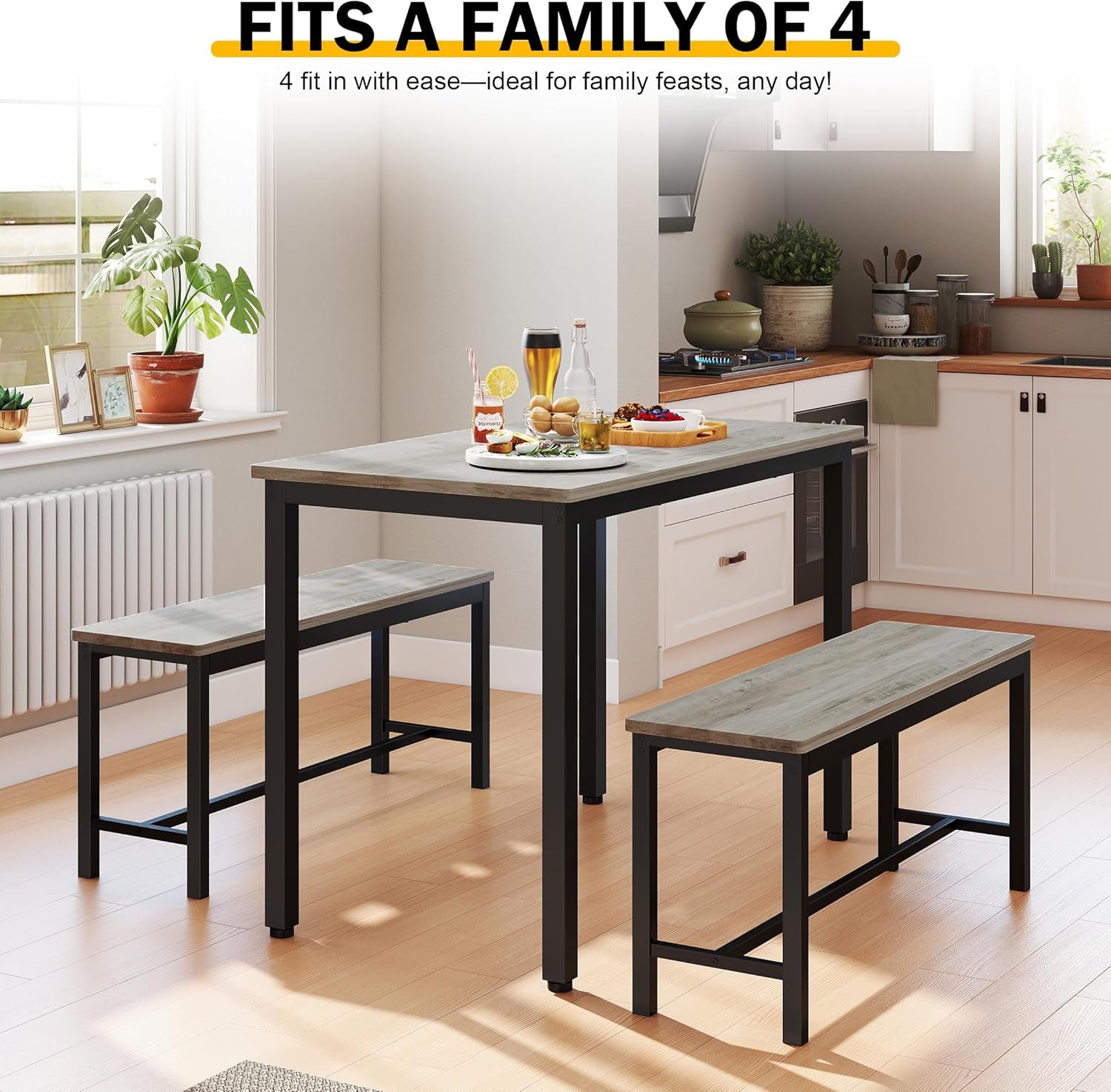 Sturdy Durable Dining Table Set for 4 with Bench, Easy to Assemble Kitchen Table with Bench, Space-Saving Ideal 4-Person Set,Grey