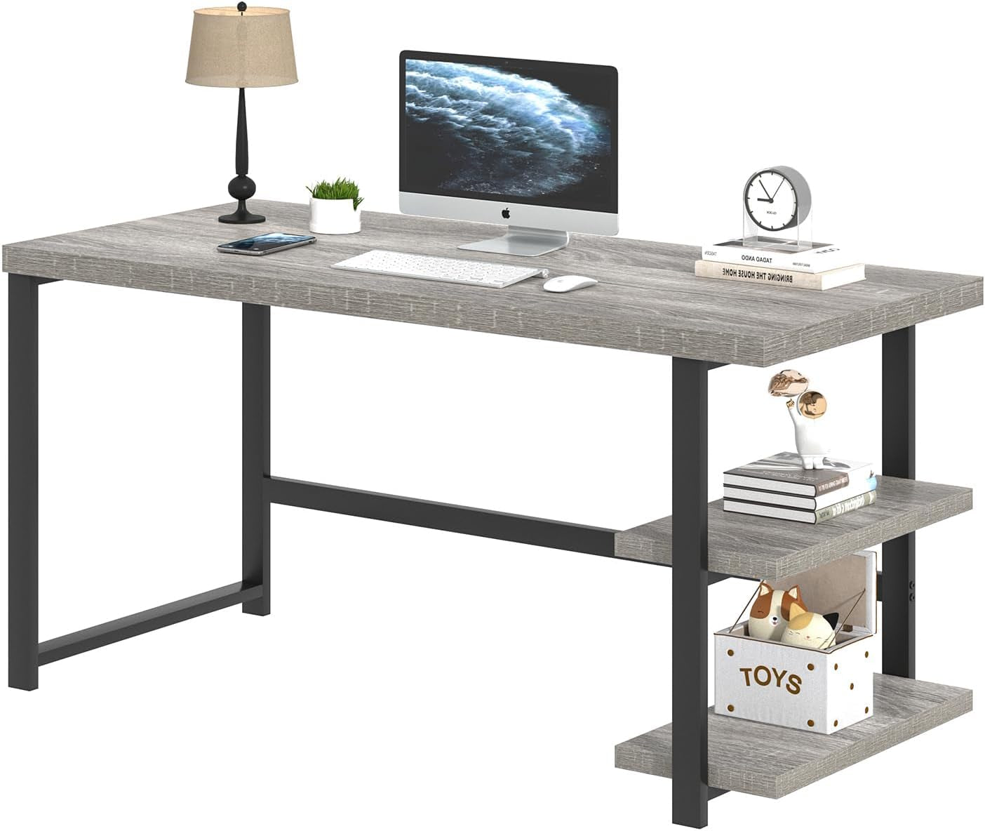 47 Inch Home Office Desk, Modern Computer Desk with Storage Shelves, Small Study Writing Gaming Table Workstation for Living Room Bedroom, Industrial Light Grey