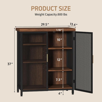 Buffet Cabinet, Metal Mesh Storage Sideboard with Adjustable Shelves, Coffee Bar Cabinet for Dining Room, Kitchen, Living Room, Entryway,Vintage Brown