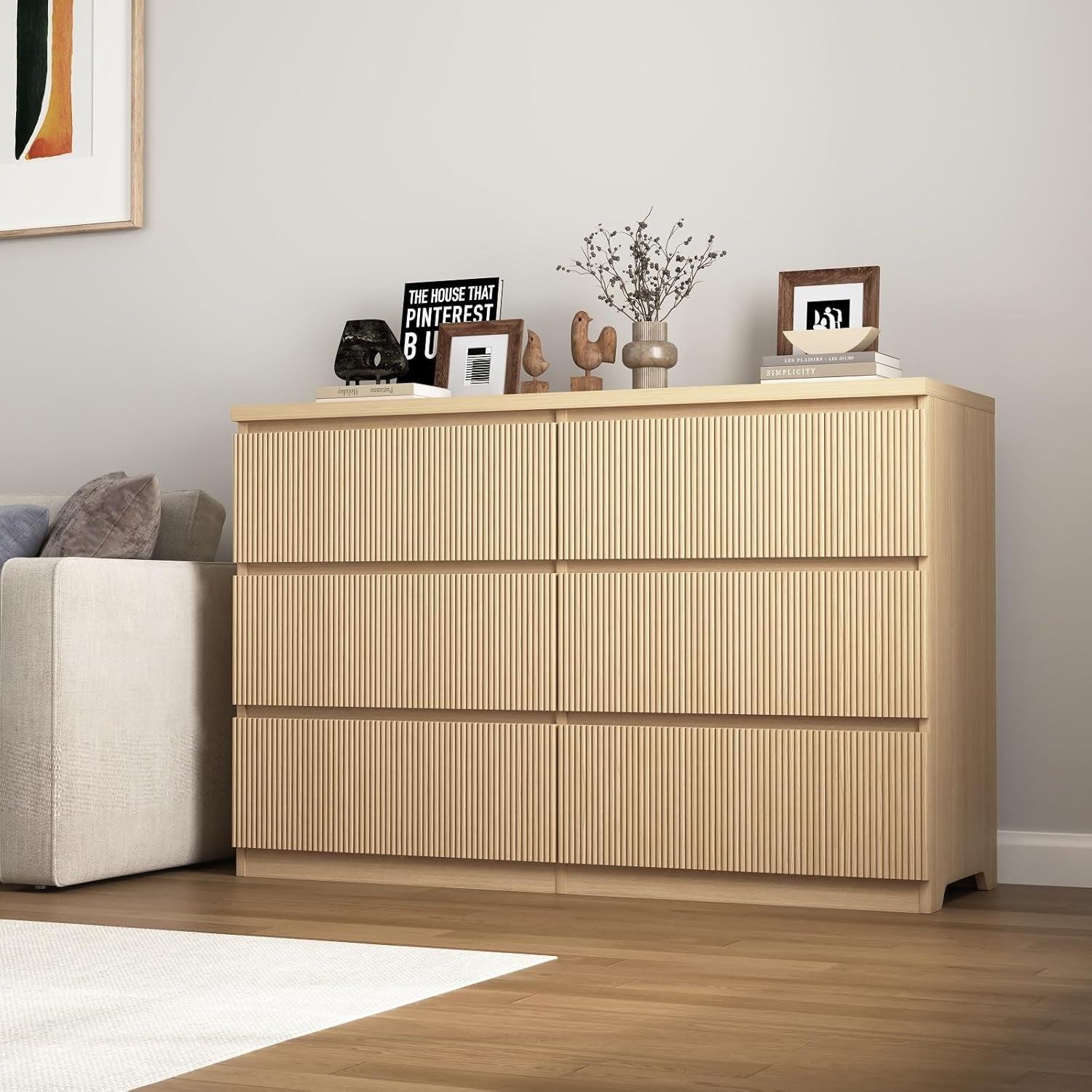 Fluted Dresser for Bedroom,48'' Modern 6 Drawer Dresser with Deep Drawer,Wide Storage Chest of Drawer,Wood Bedroom Storage Organizer Furniture for Living Room,Hallway,Closet