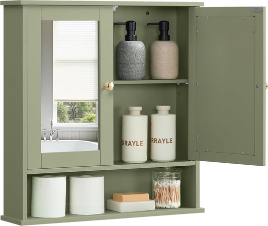 Bathroom Cabinet with Mirror, Wall Cabinet with 2 Mirrored Doors, Adjustable Shelf, Open Compartment, Wall-Mounted, 5.1 X 22.2 X 23 Inches, Sage Green ULHC002C02