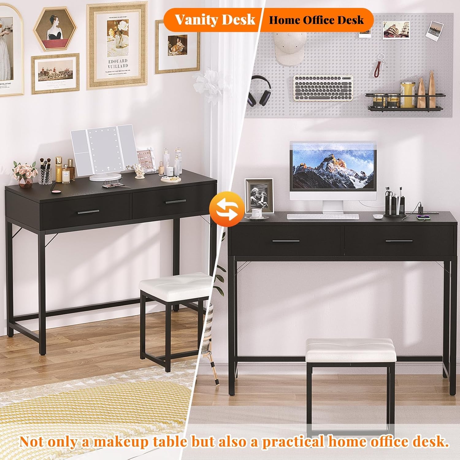 Vanity Desk, Vanity Desk with Mirror and Light, Small Vanitys Set with Drawers, Makeup Desk with Power Outlets, 36'' Makeup Vanitys with Stool, Dressing Table, Black