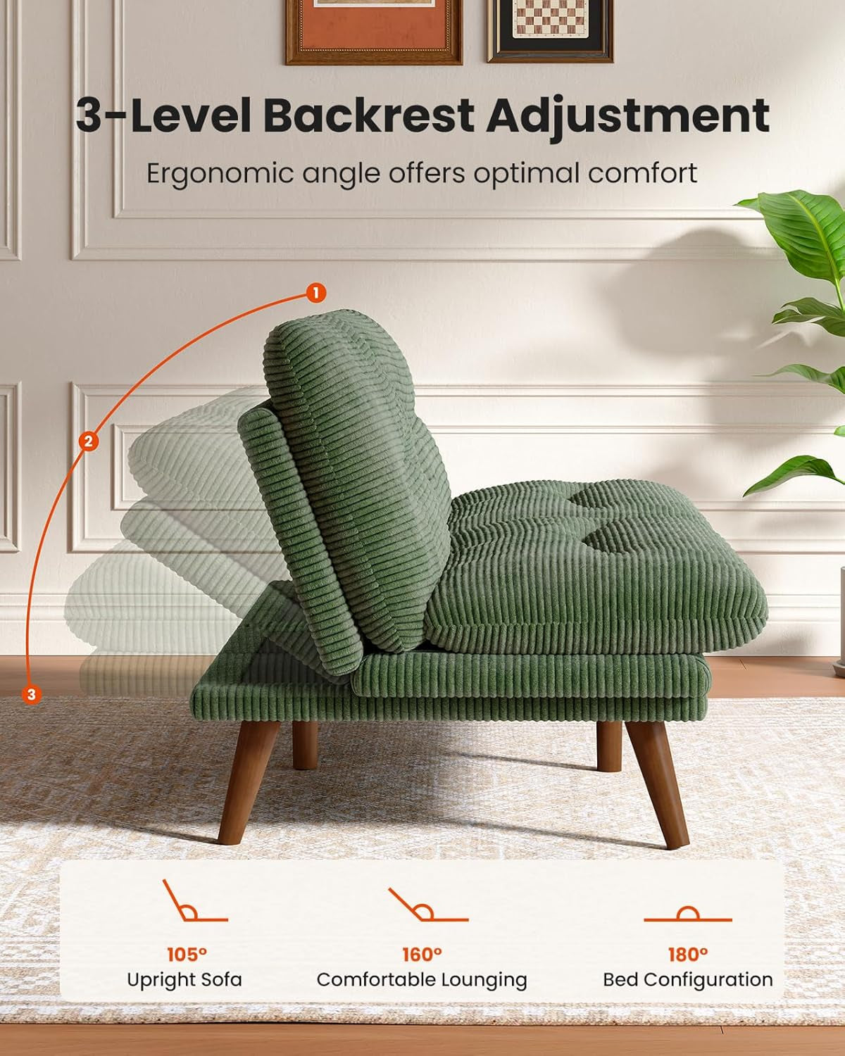 66″Futon Sofa Bed,3-In-1 Futon Couch W/Adjustable Backrest & Armrests, Convertible Sleeper Sofa Bed, Small Folding Sleeper Recliner W/Removable Cushion for Apartment, Living Room,Office (66In,Green) | Corduroy