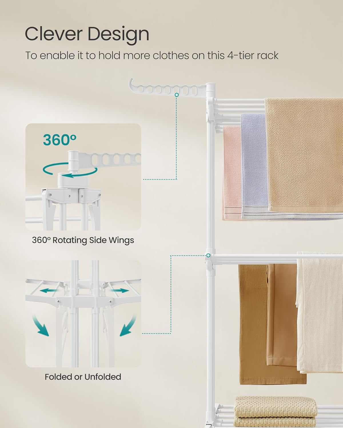 Clothes Drying Rack Stand 4-Tier, Foldable Laundry Drying Rack 68.1-Inch Tall, Stainless Steel, Rolling Clothes Horses Dryer Rack, Easy to Assemble, Indoor Outdoor Use, Cloud White ULLR701W03