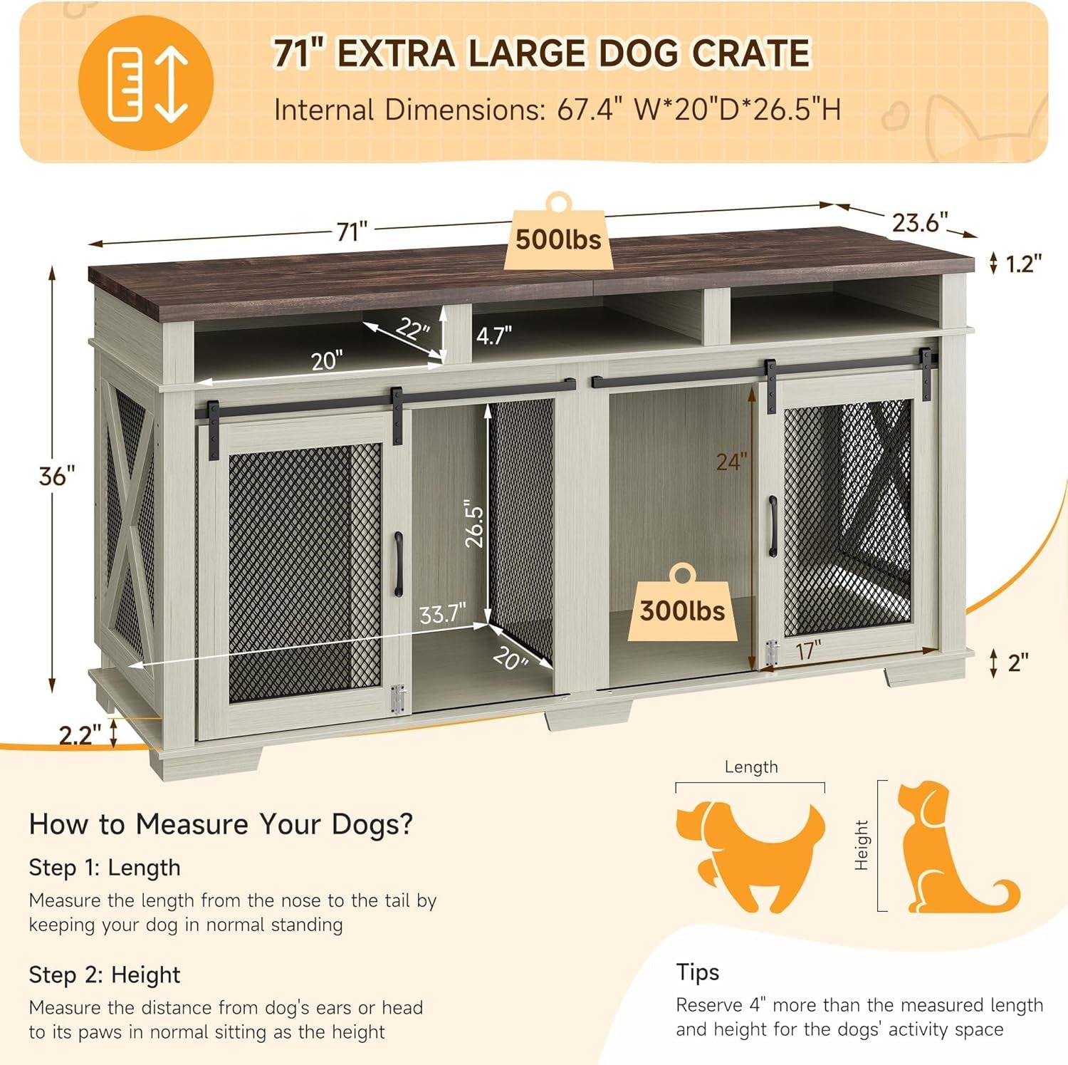 Dog Crate Furniture, 71" Heavy Duty Dog Crate Furniture with 3 Storage Compartments & Removable Divider, Stylish Double Dog Kennel Table Indoor TV Stand for Large & Medium Dogs, Light Oak/Dark Walnut